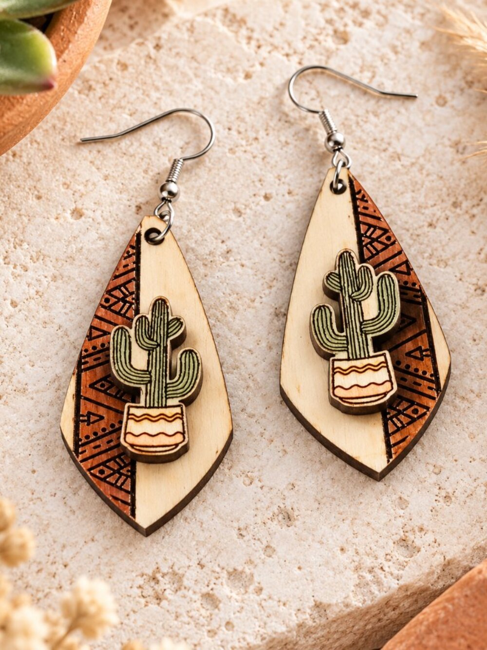 Handpainted Cactus Earrings – Boho Wood Jewelry – Desert Plant Lover Gift